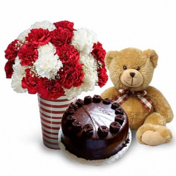 20 Carnations ( Red and White) in a Glass Vase with Teddy (12 inch) and Half Kg Dark Chocolate Cake
